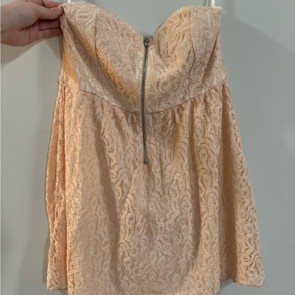 Papaya Strapless Lace Mini Dress in Blush Peach